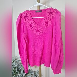 On Twelfth Bright Pink Floral Appliqué V-Neck Top With Puffed Long Sleeves